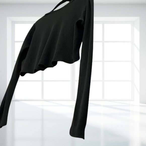 Urban Outfitters Black Waffle Knit Distressed Crop Top Raw Hem Pocket Grunge - Picture 5 of 9